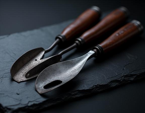 Hand-forged grill tools resting on a piece of dark slate.
